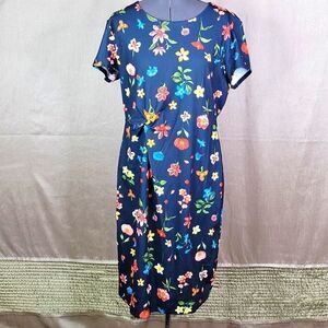 Tahari Navy Multicolor Floral Twist Waist Sheath‎ Dress Size 16 NWT